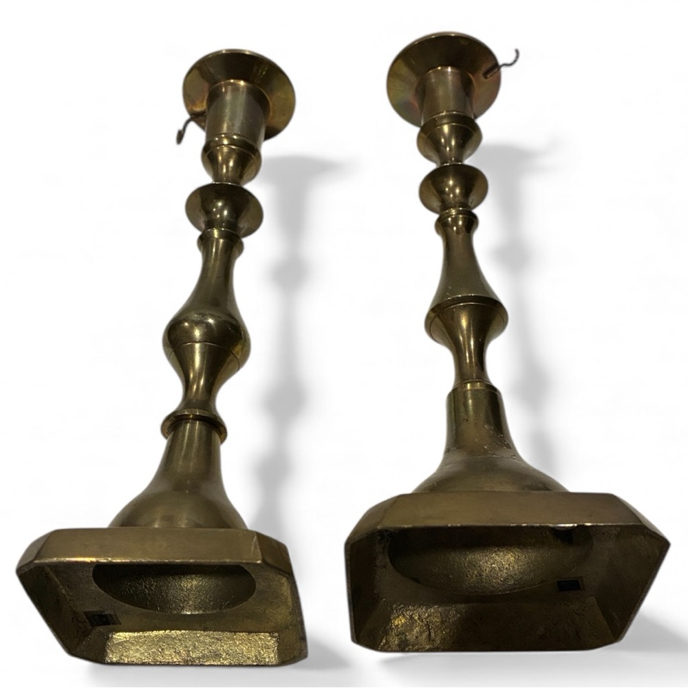 Fireplace Mantle Decor solid Brass Gold Candle Holders Shape Ea W/ Snuffer Hook